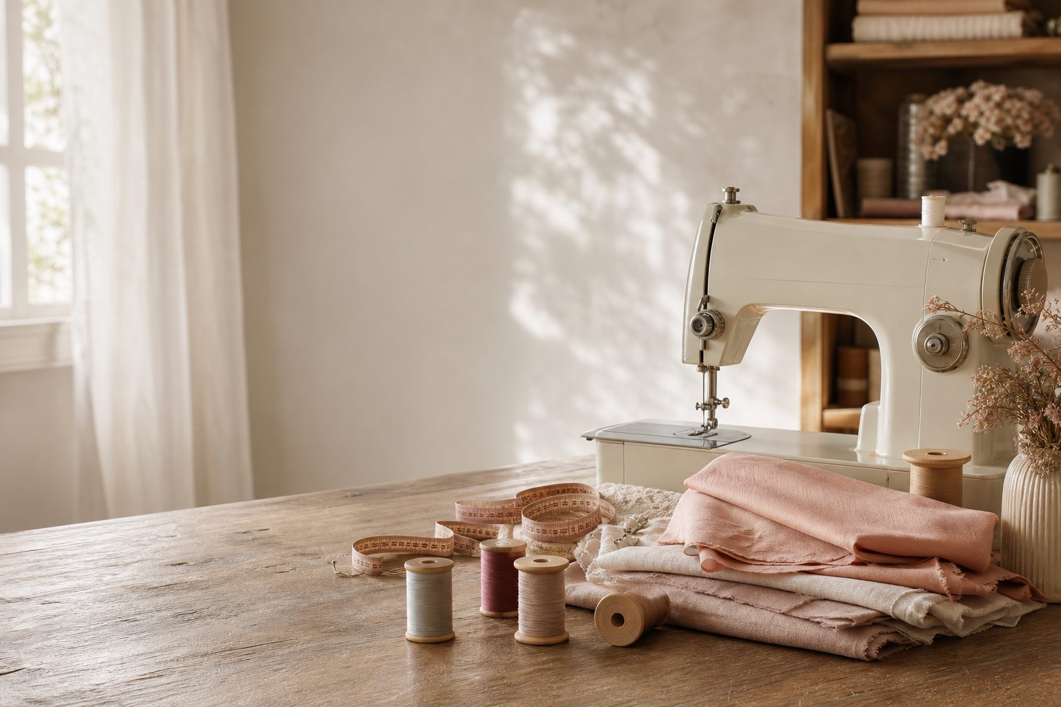 Mesa de costura com máquina, tecidos, linhas e fita métrica